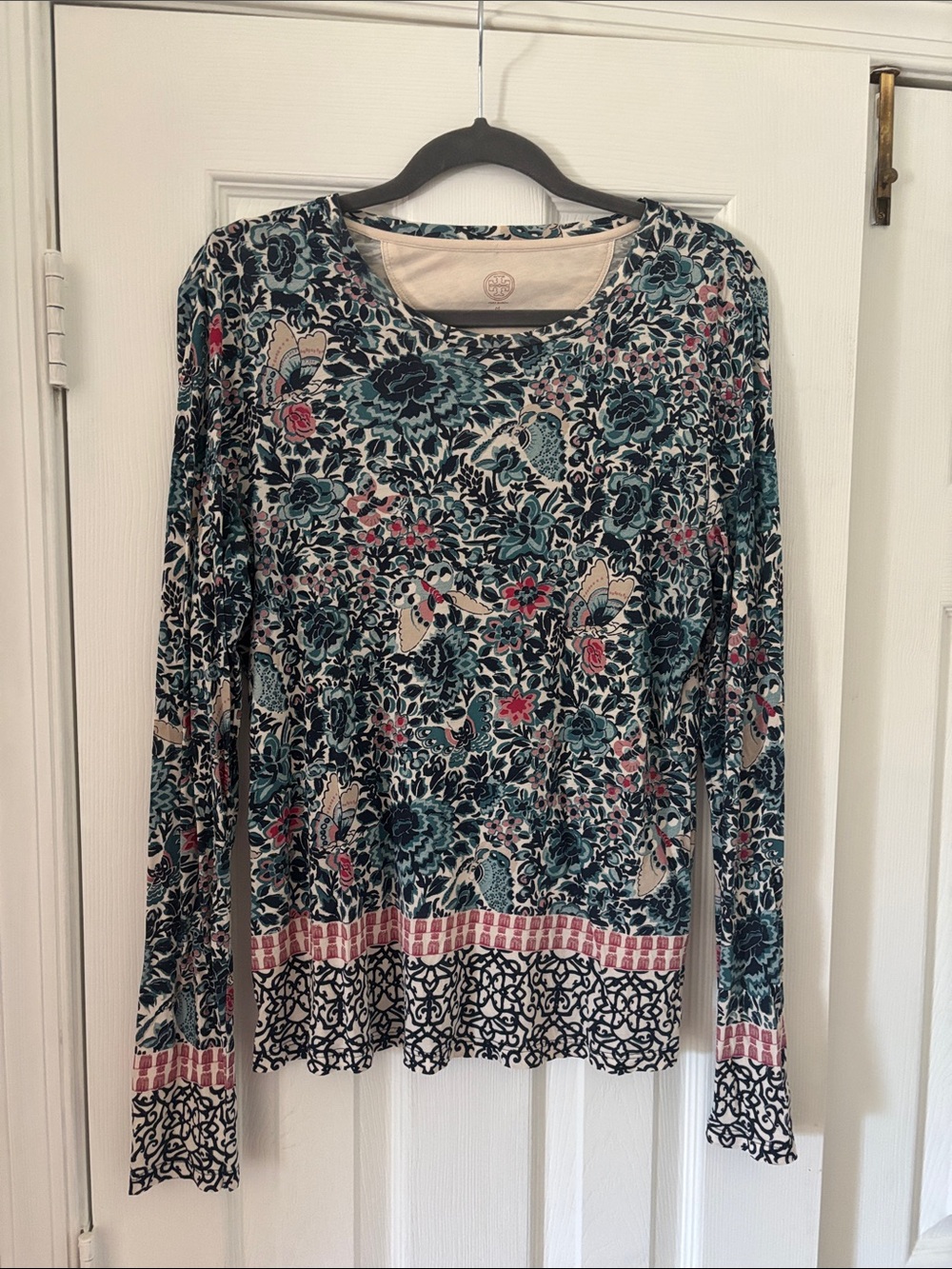 Tory Burch Floral Scoop-Neck Long Sleeve Top in Teal, Pink, and Cream
